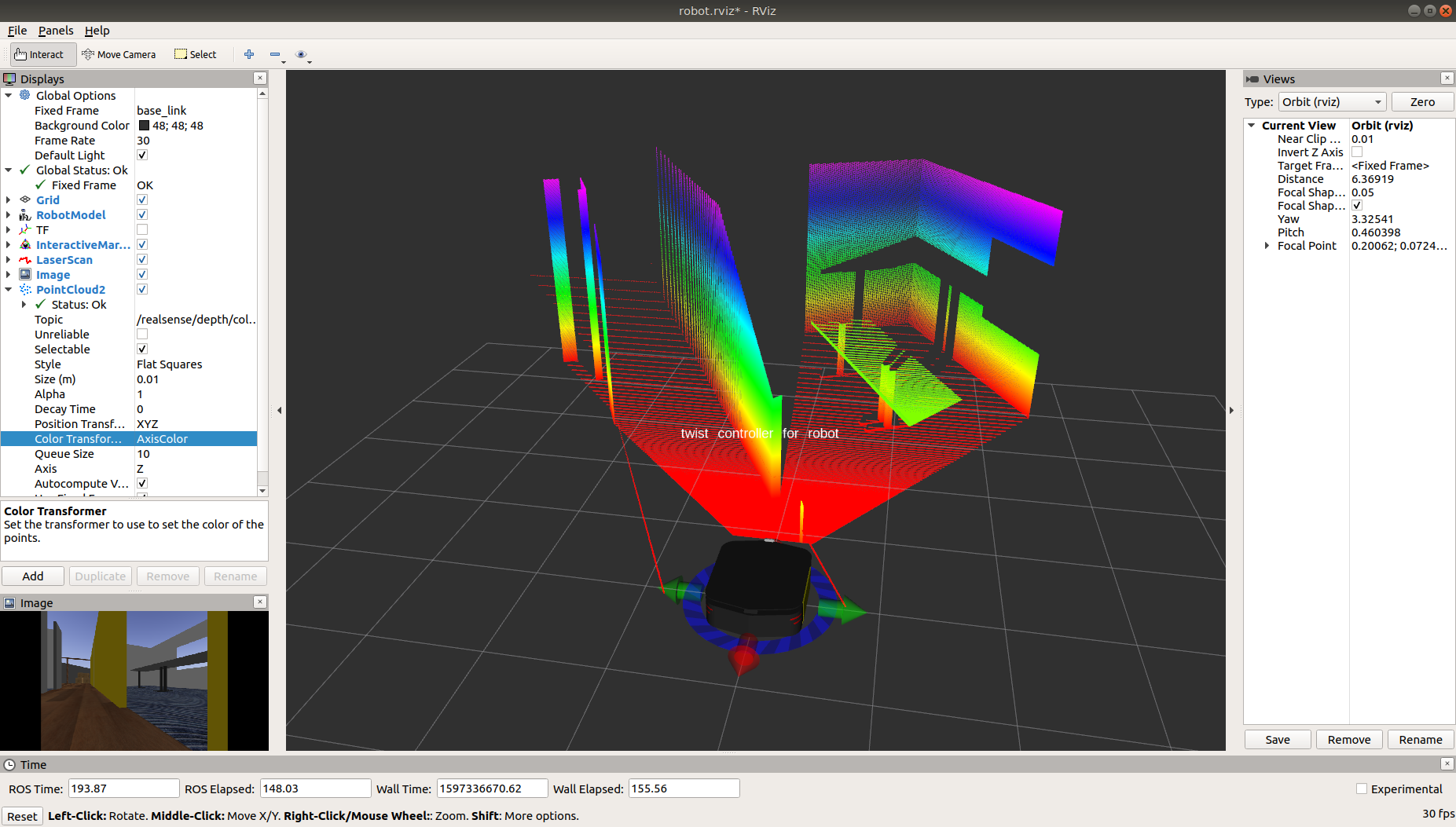 Ridgeback with a RealSense in rviz showing pointcloud and RGB topics